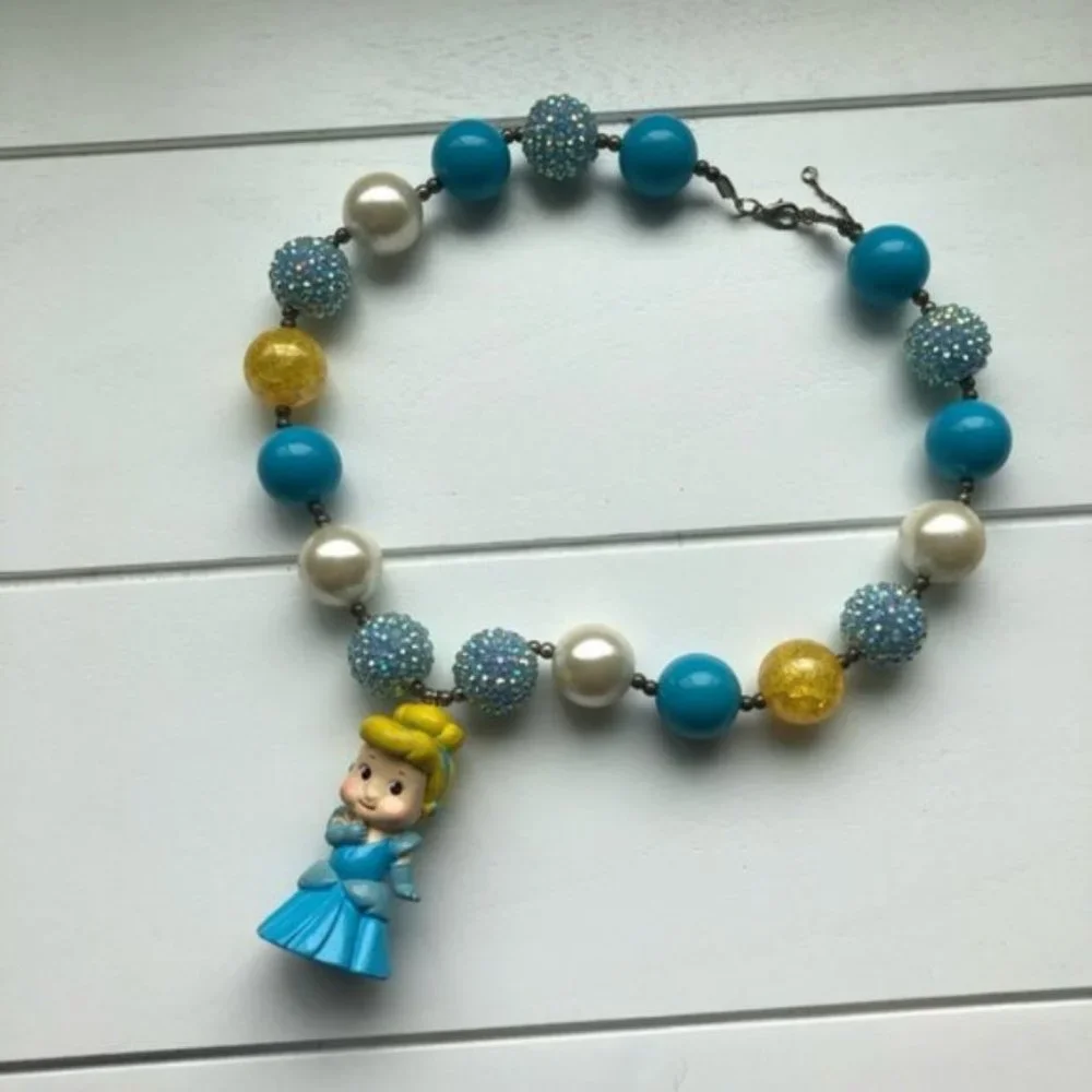 Boutique | Blue & Gold Cinderella Chunky Gumball Bead Necklace | One Size Child